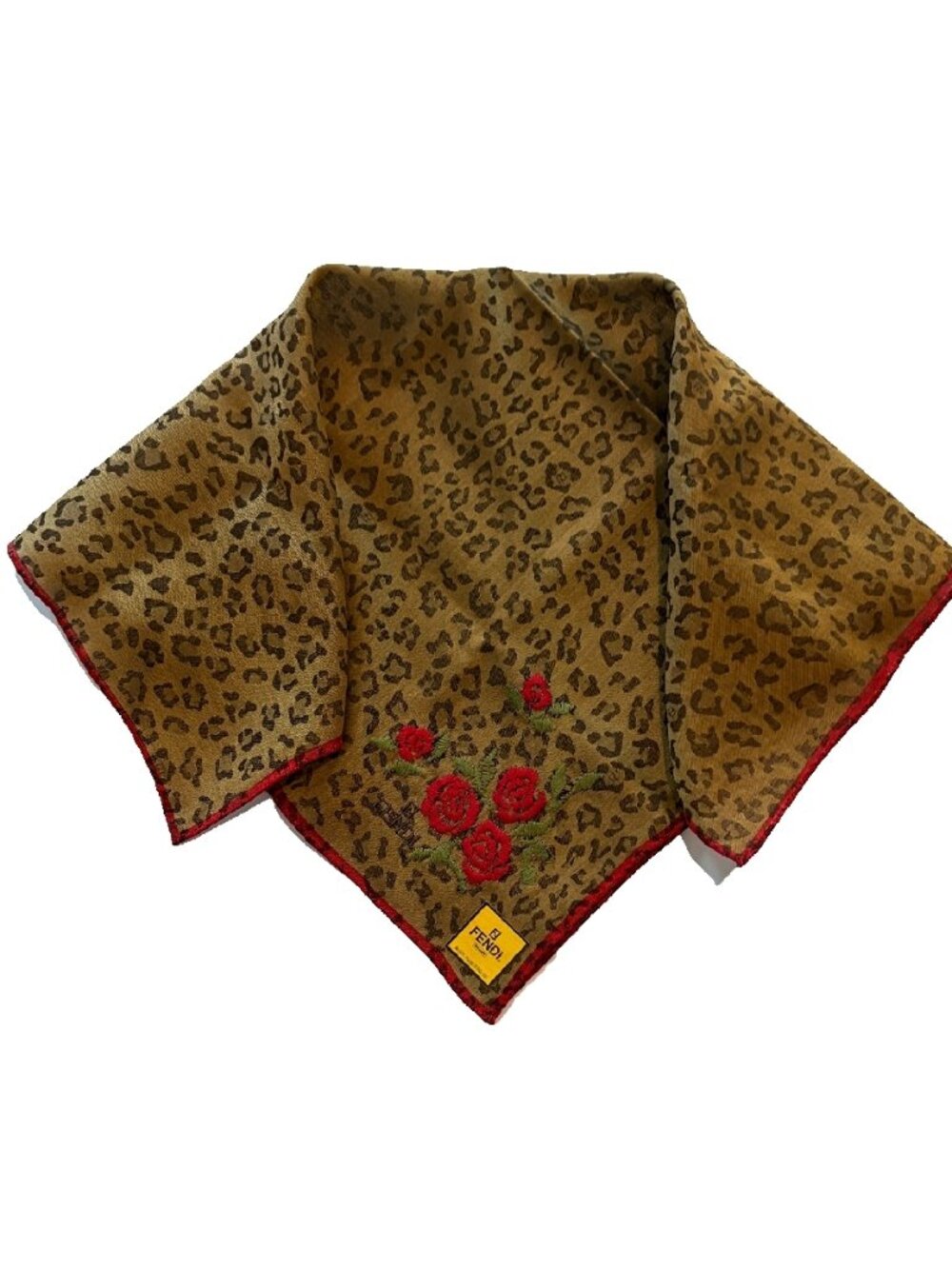 Fendi Vintage Cotton Scarf | Leopard Print & Embroidered Red Roses